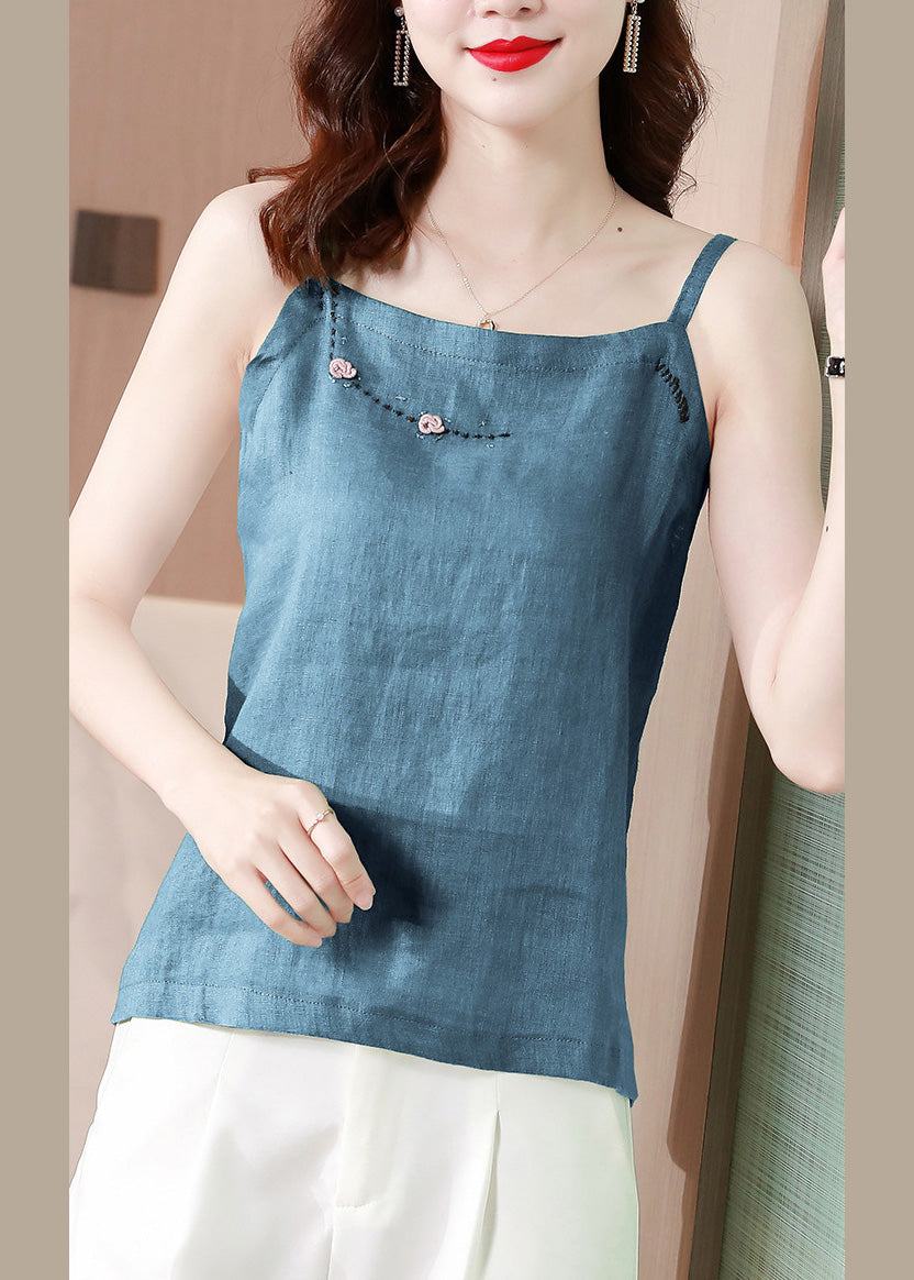 Chic Blue Embroideried Floral Tank Tops Summer
