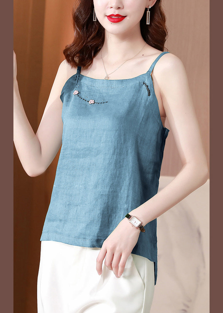 Chic Blue Embroideried Floral Tank Tops Summer