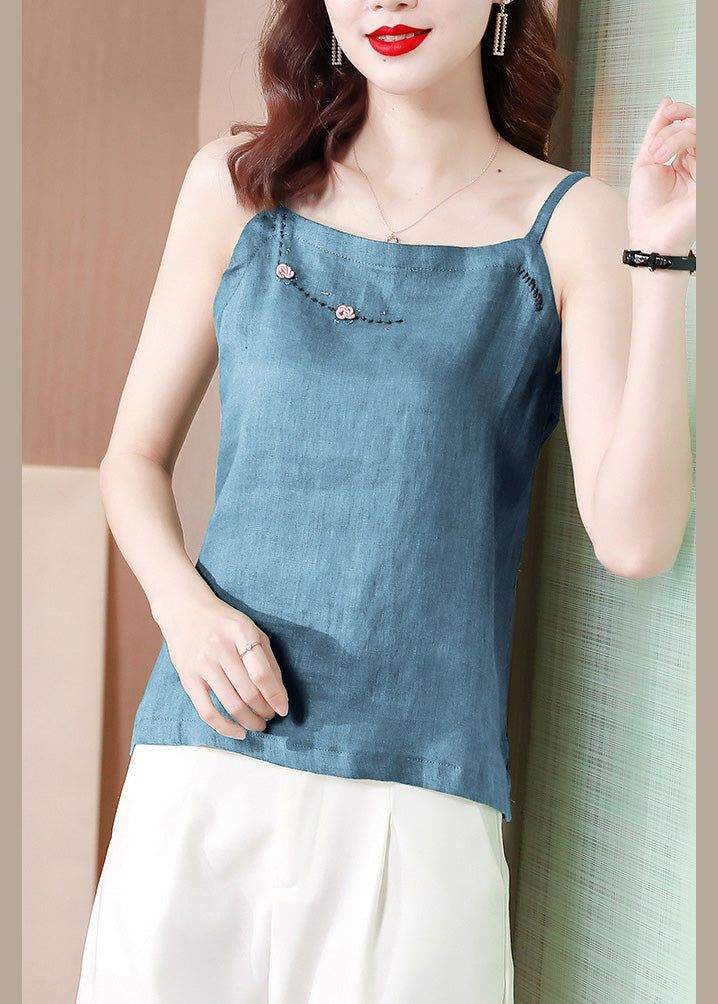 Chic Blue Embroideried Floral Tank Tops Summer