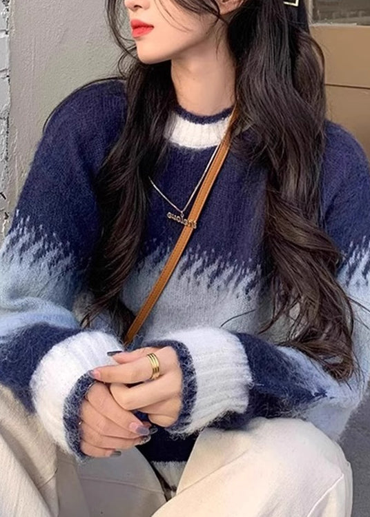 Chic Blue Gradient O Neck Thick Cozy Knit Sweaters Winter