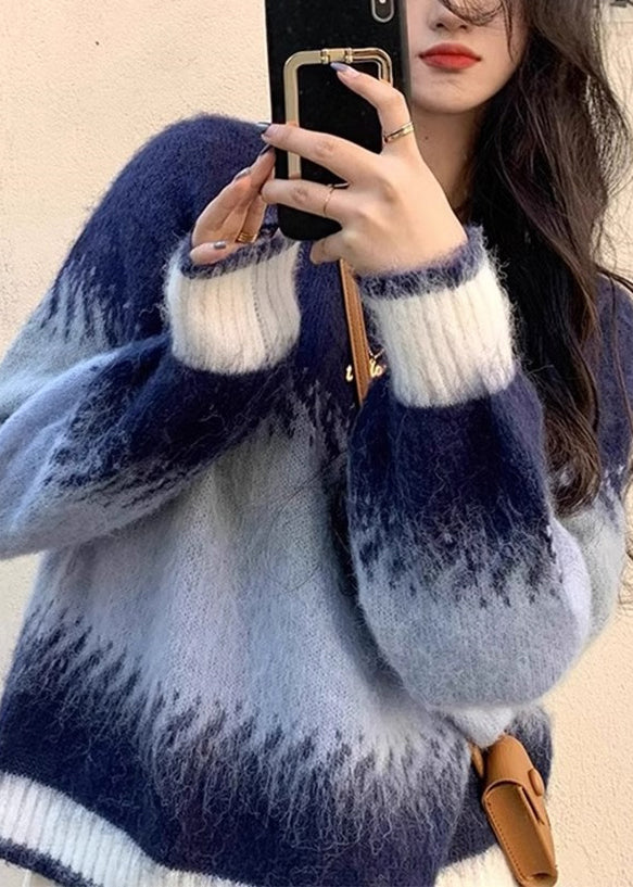Chic Blue Gradient O Neck Thick Cozy Knit Sweaters Winter