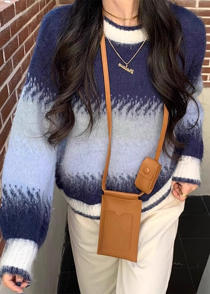 Chic Blue Gradient O Neck Thick Cozy Knit Sweaters Winter