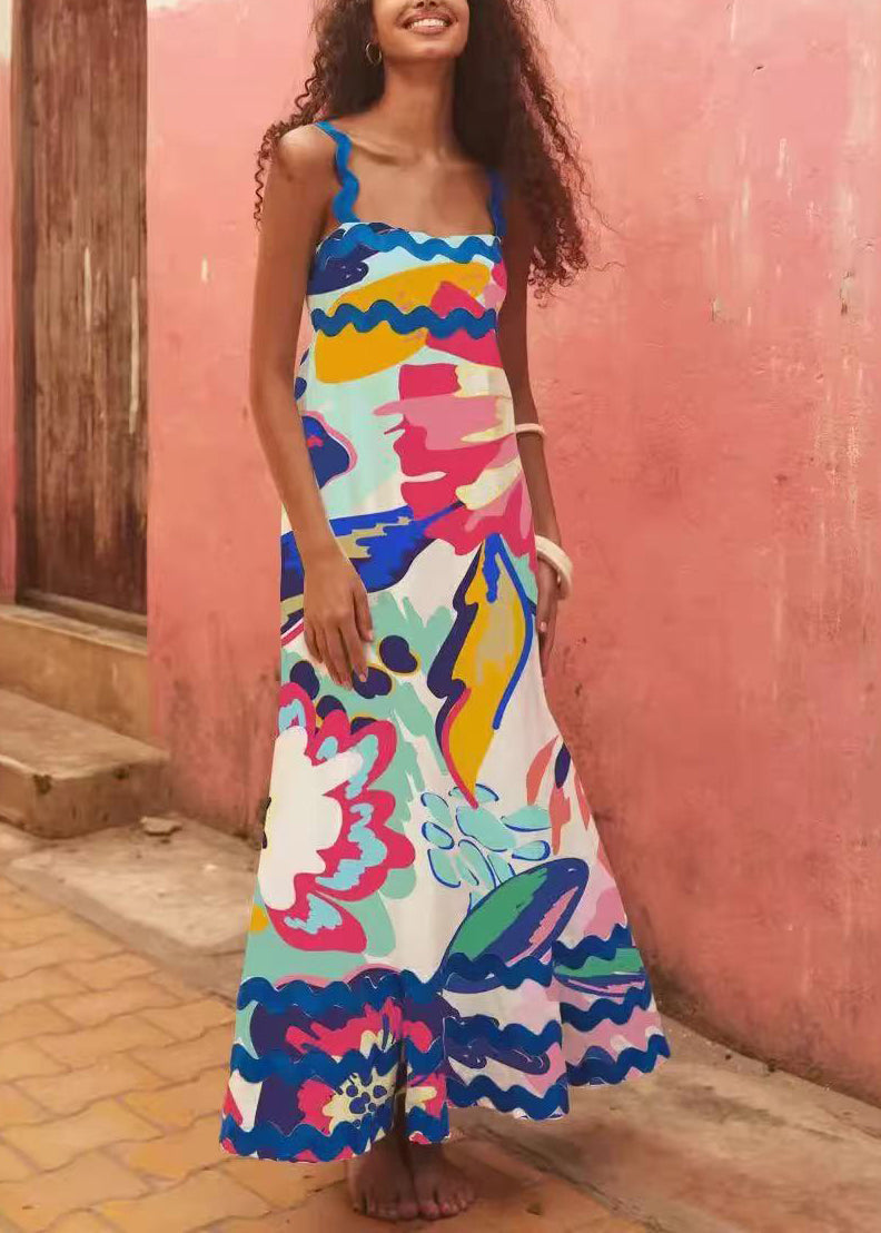 Chic Blue Graffiti Exra Large Hem Cotton Dress Summer