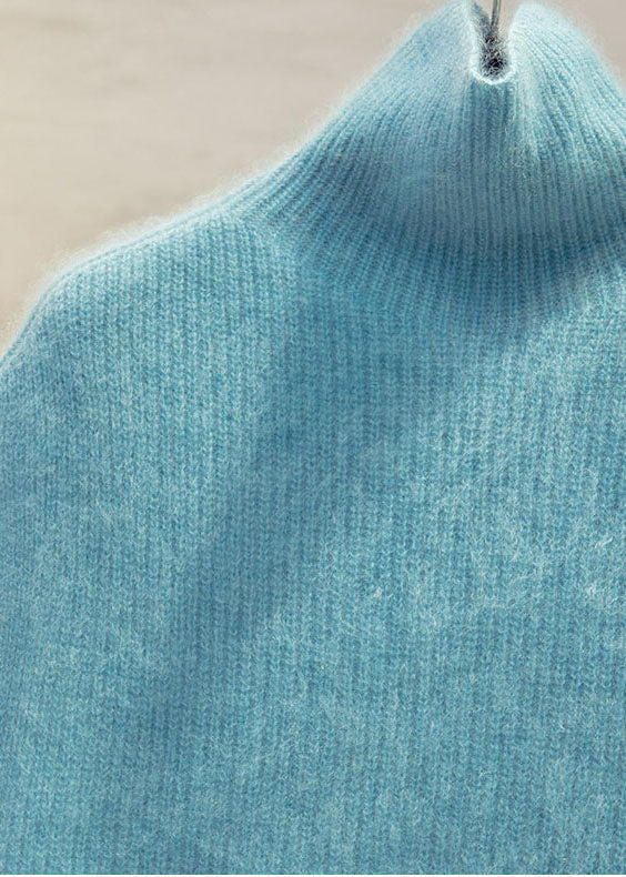 Chic Blue High Neck Warm Knit Vests Sleeveless