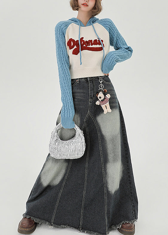 Chic Blue Hooded Patchwork Jacquard Knit Sweatshirts Top Spring