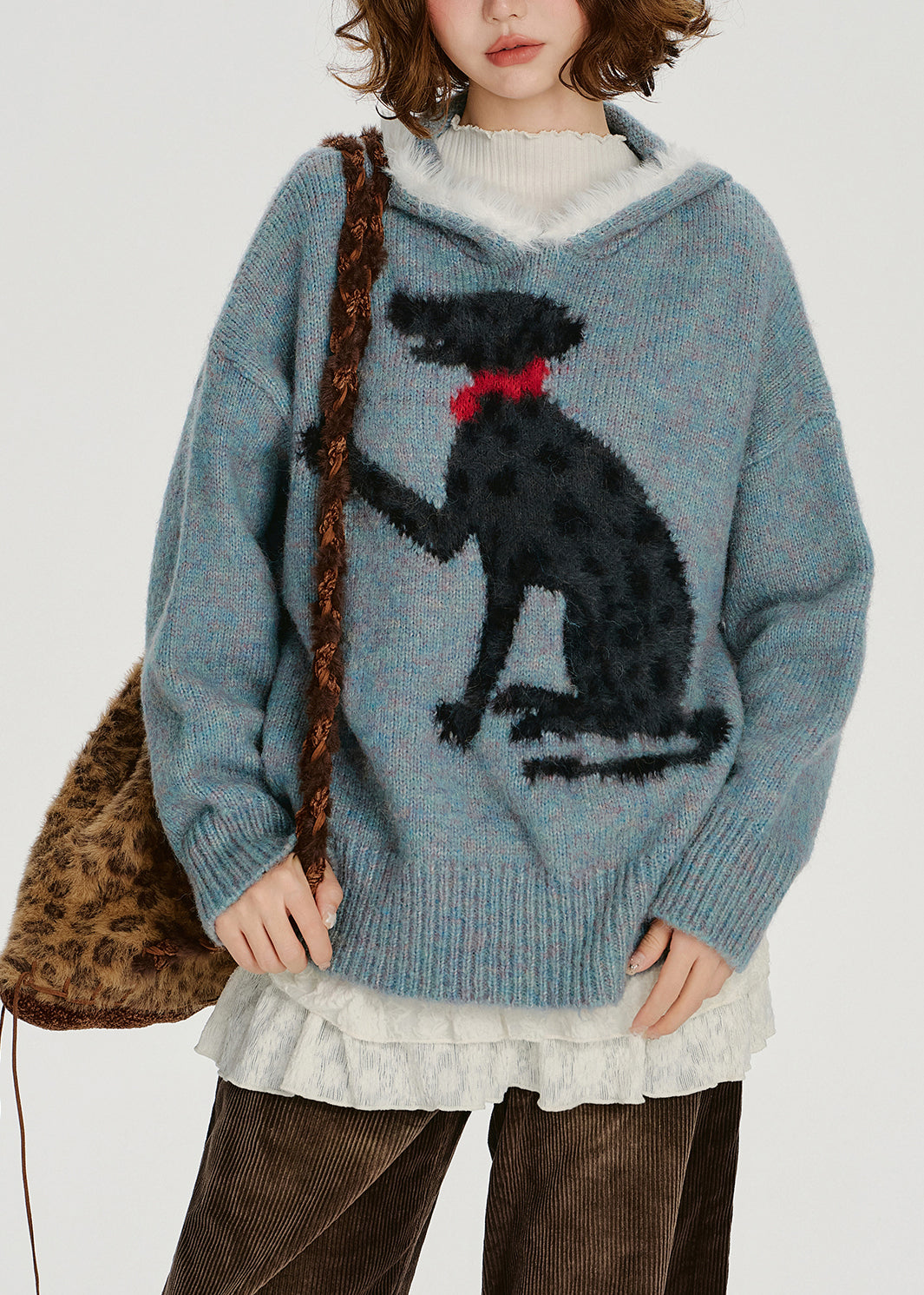 Chic Blue Jacquard Patchwork Knit Hooded Sweater Spring