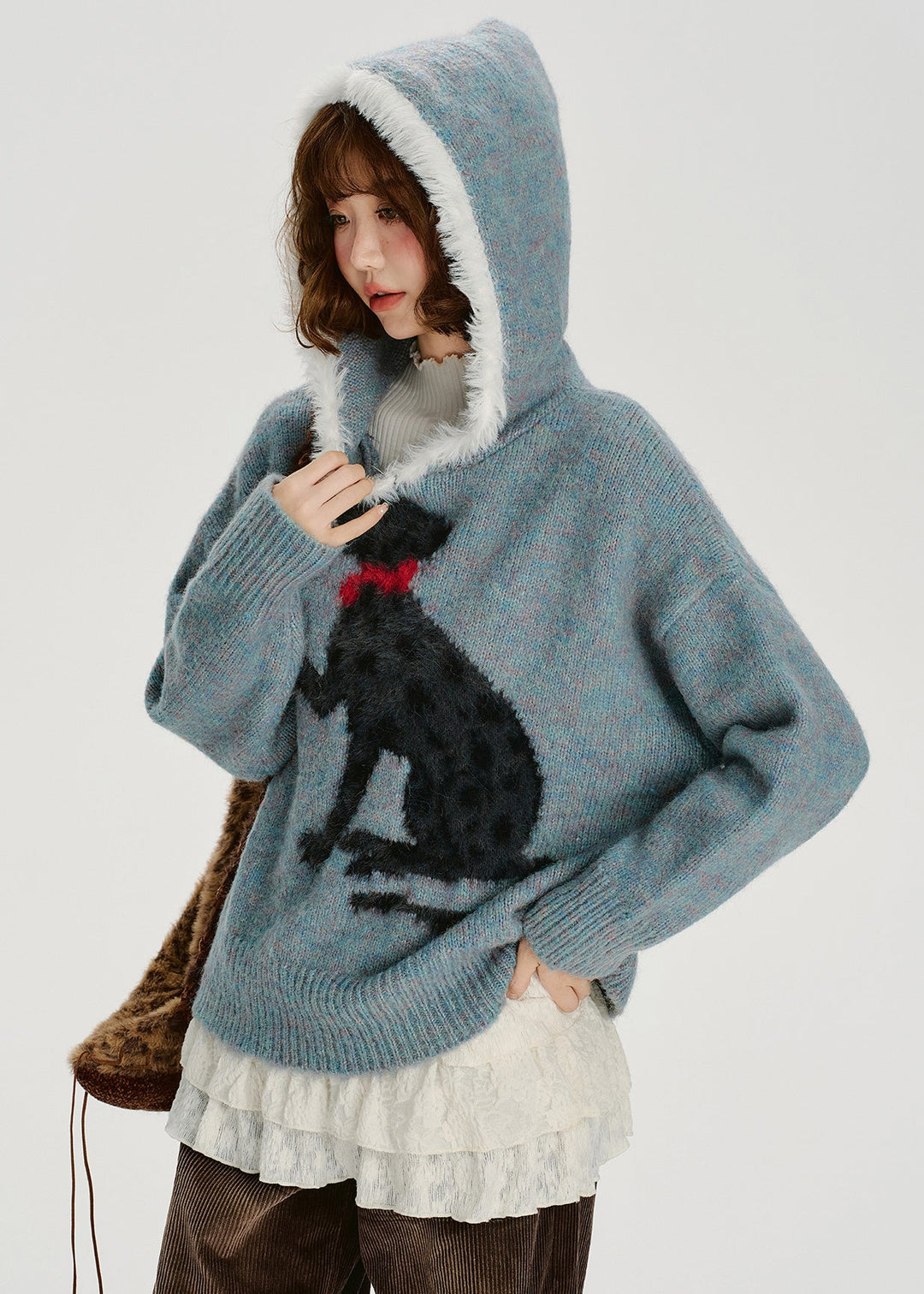 Chic Blue Jacquard Patchwork Knit Hooded Sweater Spring