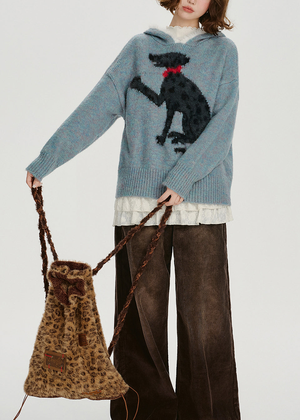 Chic Blue Jacquard Patchwork Knit Hooded Sweater Spring