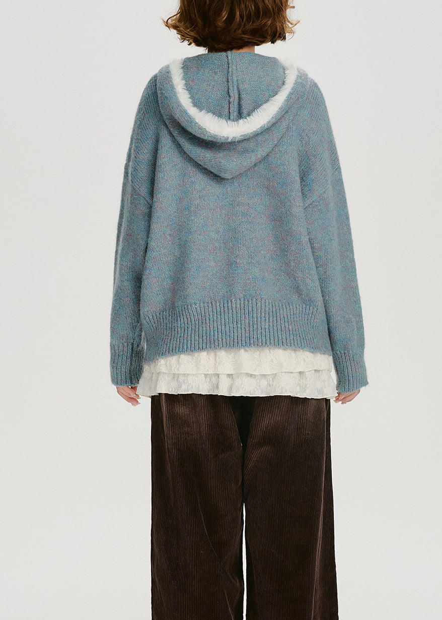 Chic Blue Jacquard Patchwork Knit Hooded Sweater Spring