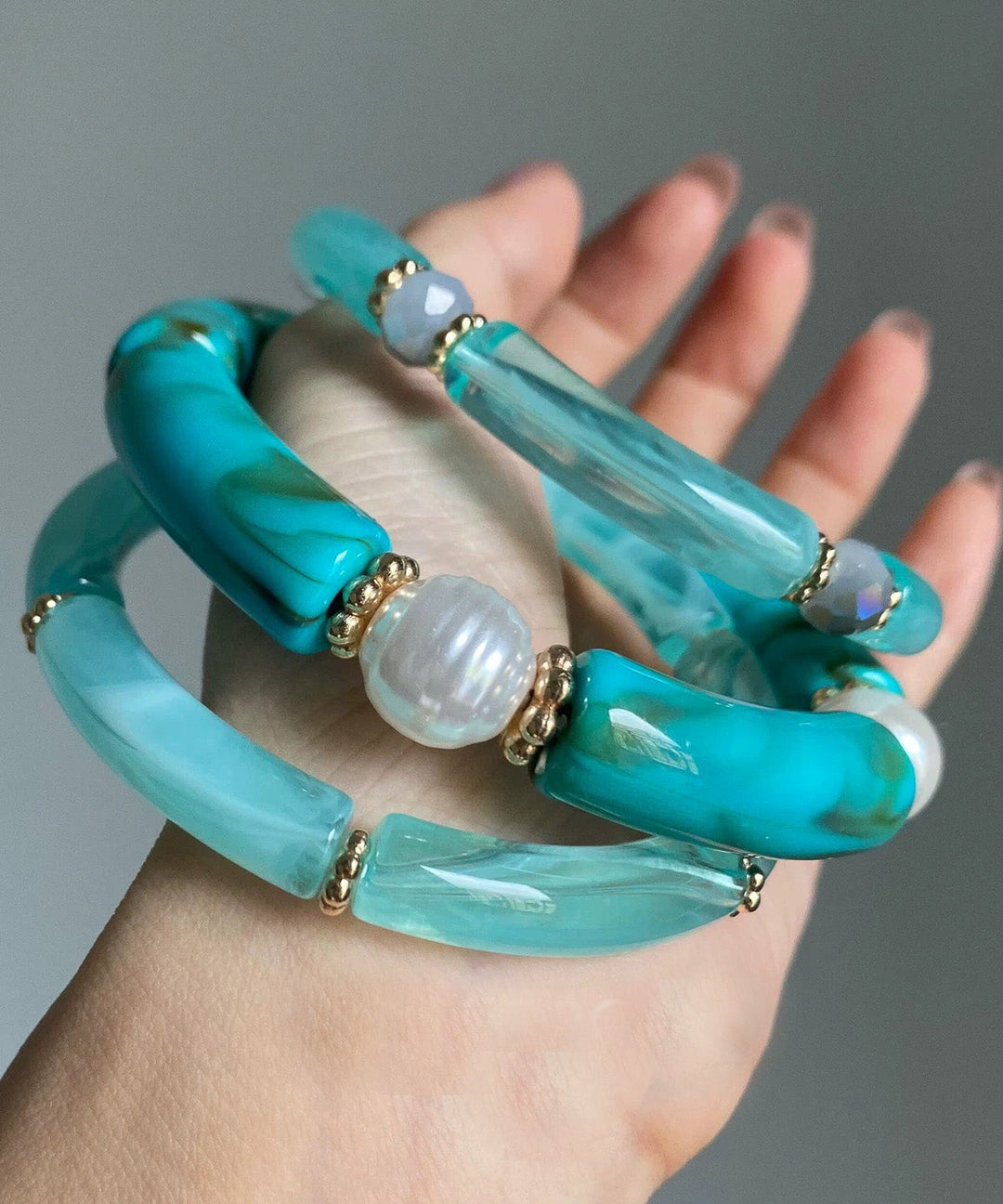 Chic Blue Jade Pearl Bangle Three-Piece Set