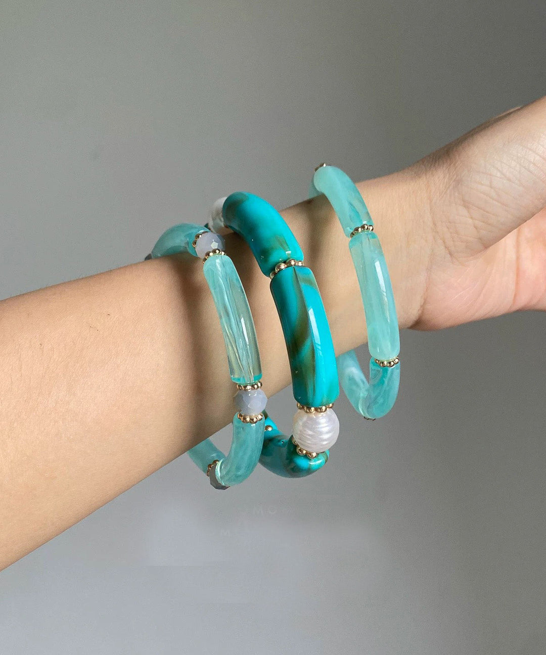 Chic Blue Jade Pearl Bangle Three-Piece Set