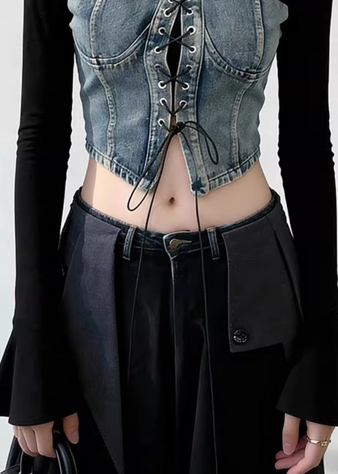 Chic Blue Lace Up Patchwork Denim T Shirts Flare Sleeve