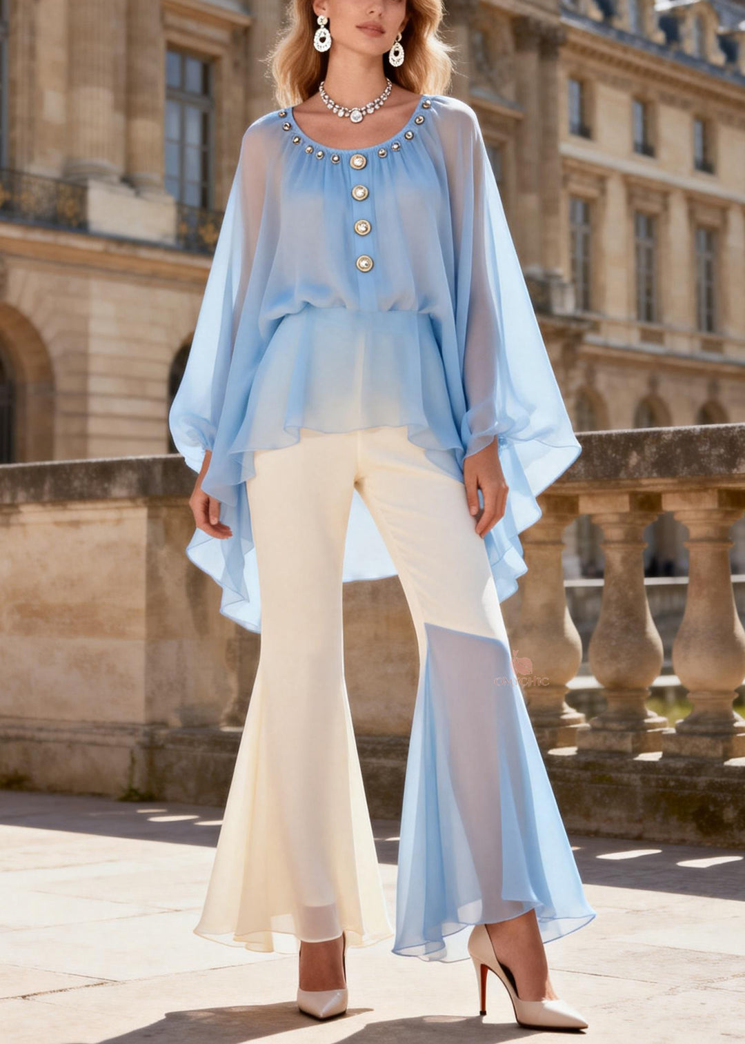 Chic Blue O-Neck Nail Bead Chiffon Shirts And Flared Trousers Two Pieces Set Lantern Sleeve