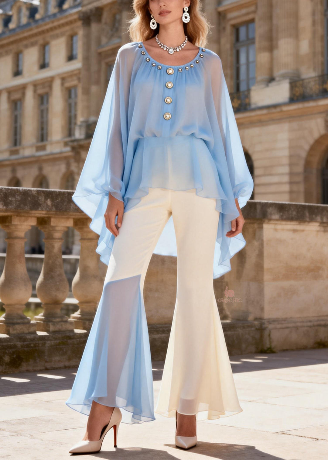 Chic Blue O-Neck Nail Bead Chiffon Shirts And Flared Trousers Two Pieces Set Lantern Sleeve