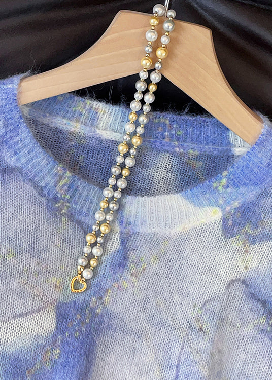 Chic Blue O Neck Tie Dye Knit Sweater Fall