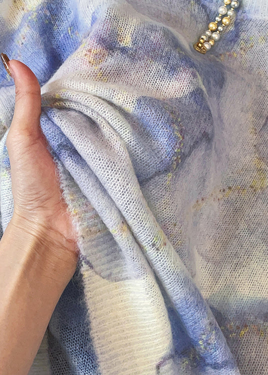 Chic Blue O Neck Tie Dye Knit Sweater Fall