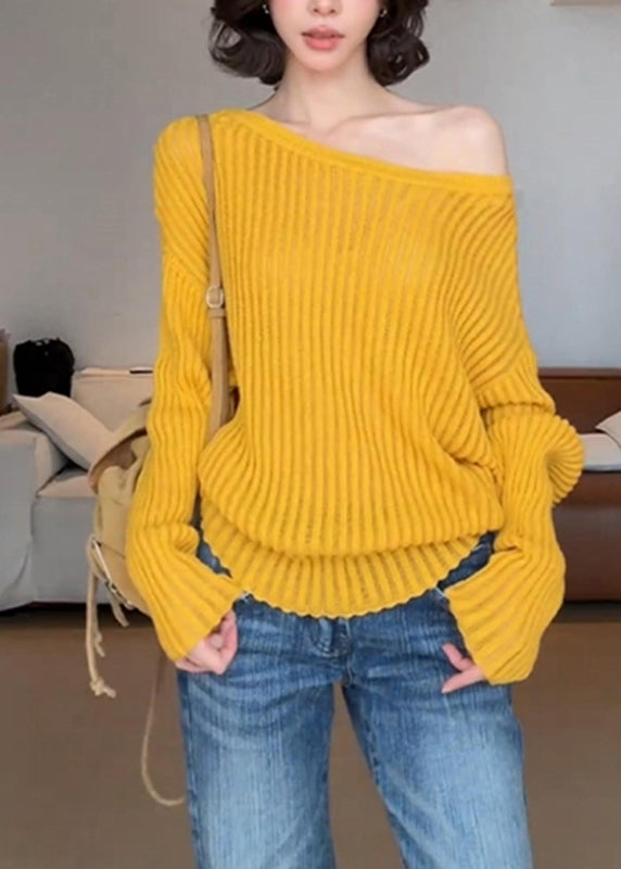 Chic Blue One Shoulder Striped Hollow Out Solid Cotton Knit Sweater Fall