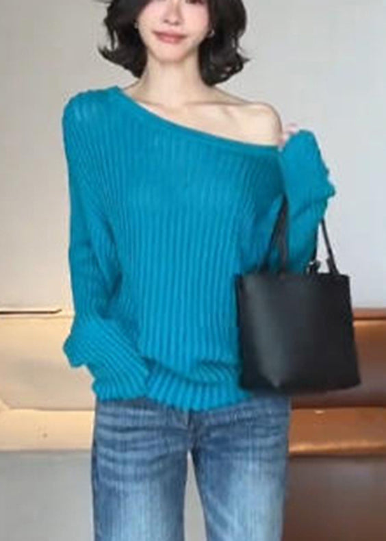 Chic Blue One Shoulder Striped Hollow Out Solid Cotton Knit Sweater Fall