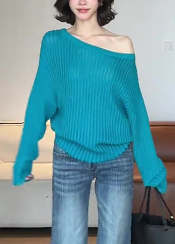 Chic Blue One Shoulder Striped Hollow Out Solid Cotton Knit Sweater Spring