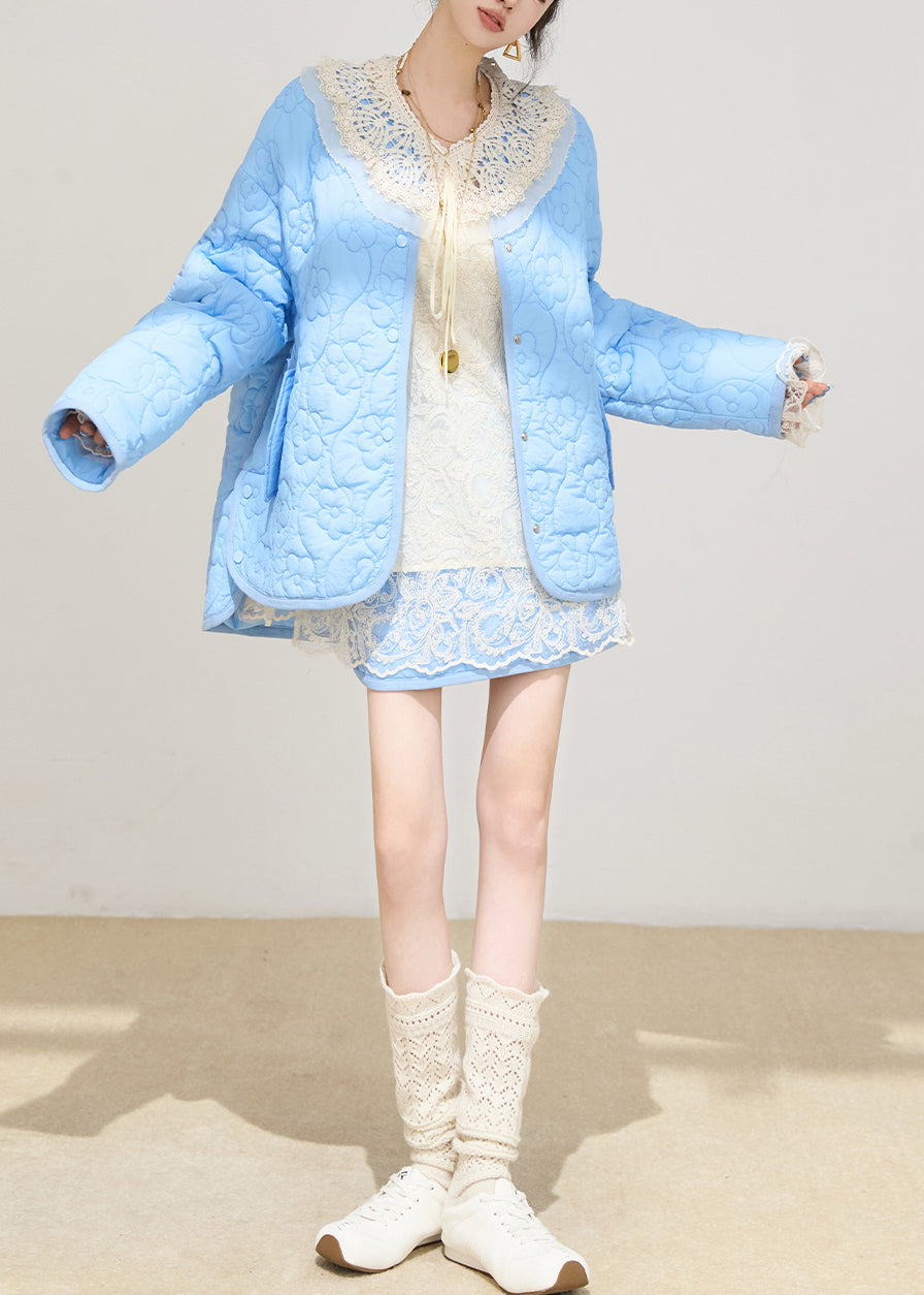 Chic Blue Oversized Embossing Fine Cotton Filled Jacket Winter