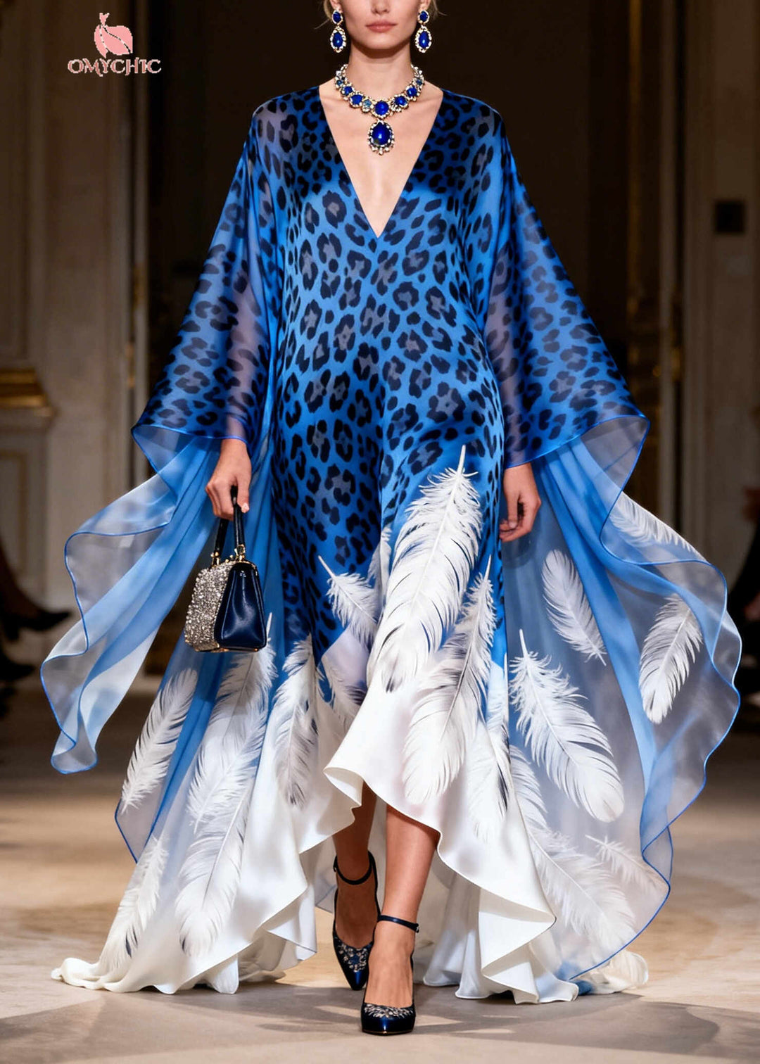 Chic Blue Oversized Leopard Print Exra Large Hem Silk Dress Summer