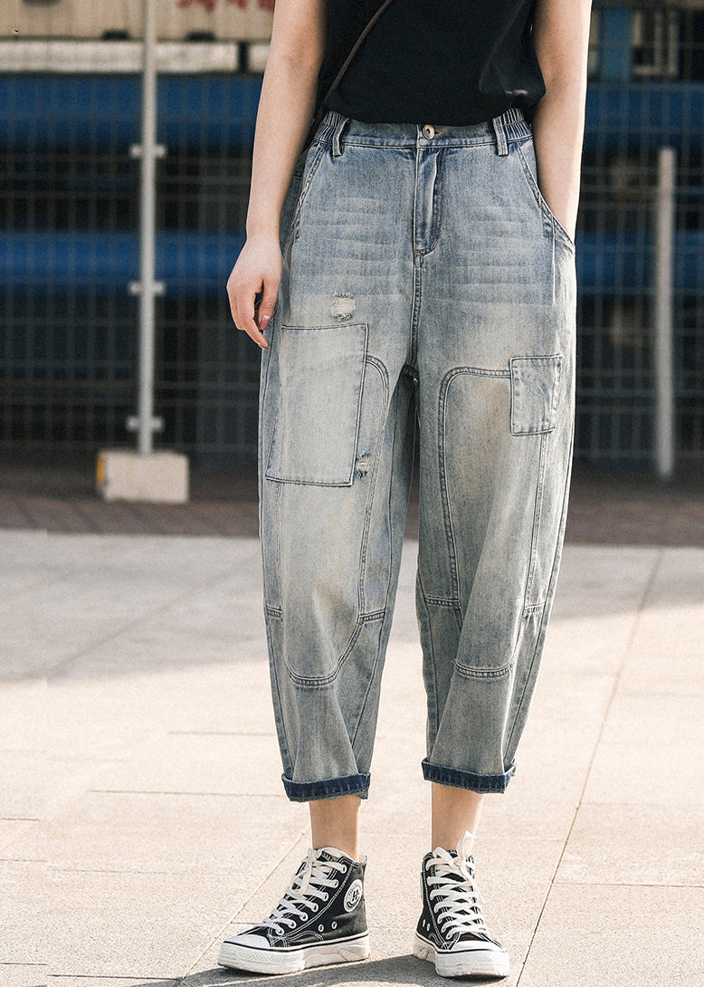 Chic Blue Oversized Patchwork Applique Denim Ripped Pants Summer