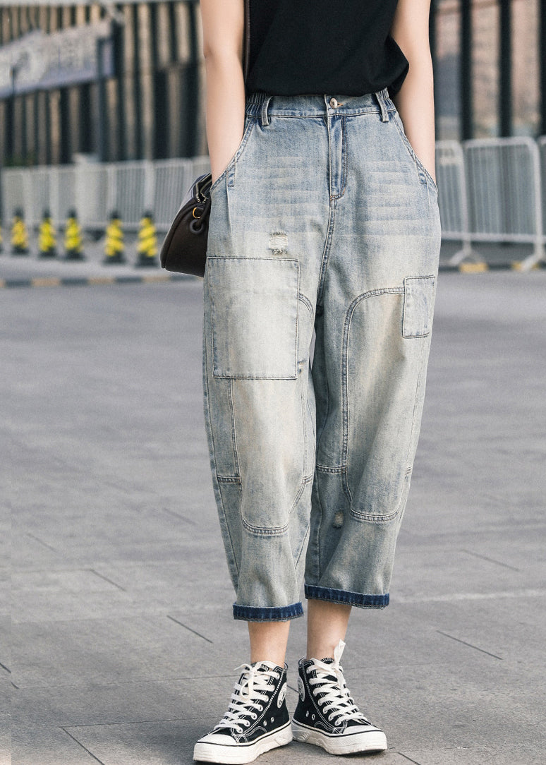 Chic Blue Oversized Patchwork Applique Denim Ripped Pants Summer