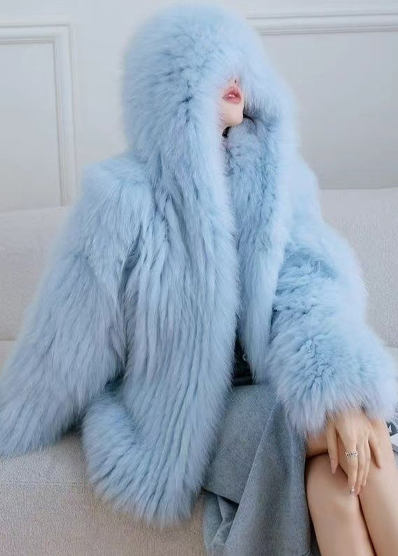 Chic Blue Oversized Warm Fox Fur Hoodie Coat Winter