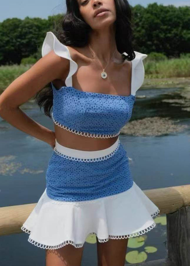 Chic Blue Patchwork Cotton Two Piece Set Outfits Butterfly Sleeve