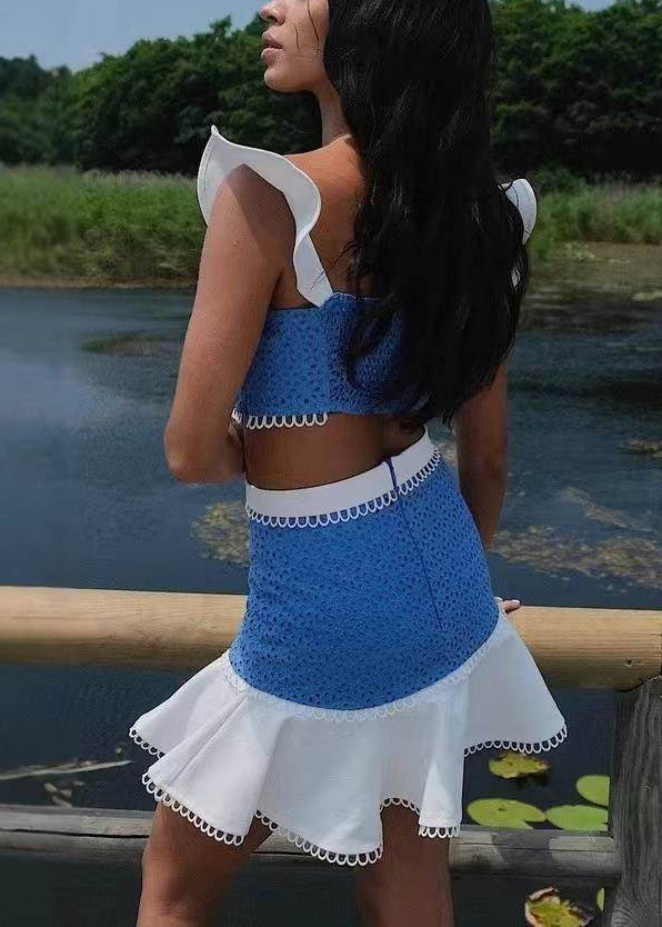 Chic Blue Patchwork Cotton Two Piece Set Outfits Butterfly Sleeve