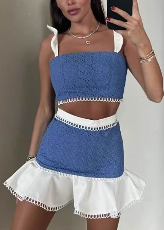 Chic Blue Patchwork Cotton Two Piece Set Outfits Butterfly Sleeve