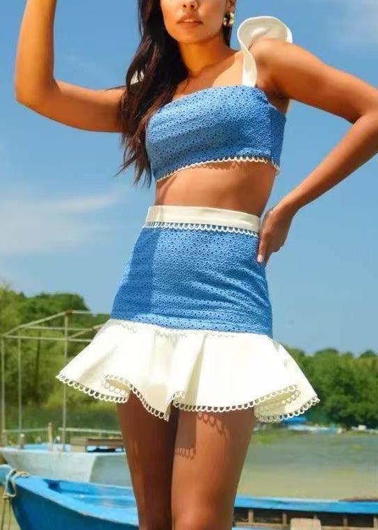 Chic Blue Patchwork Cotton Two Piece Set Outfits Butterfly Sleeve