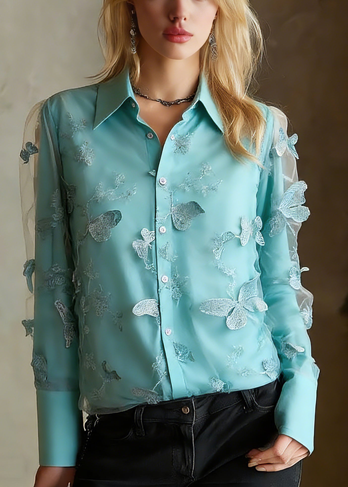Chic Blue Peter Pan Collar Butterfly Tulle Shirts Spring - Omychic