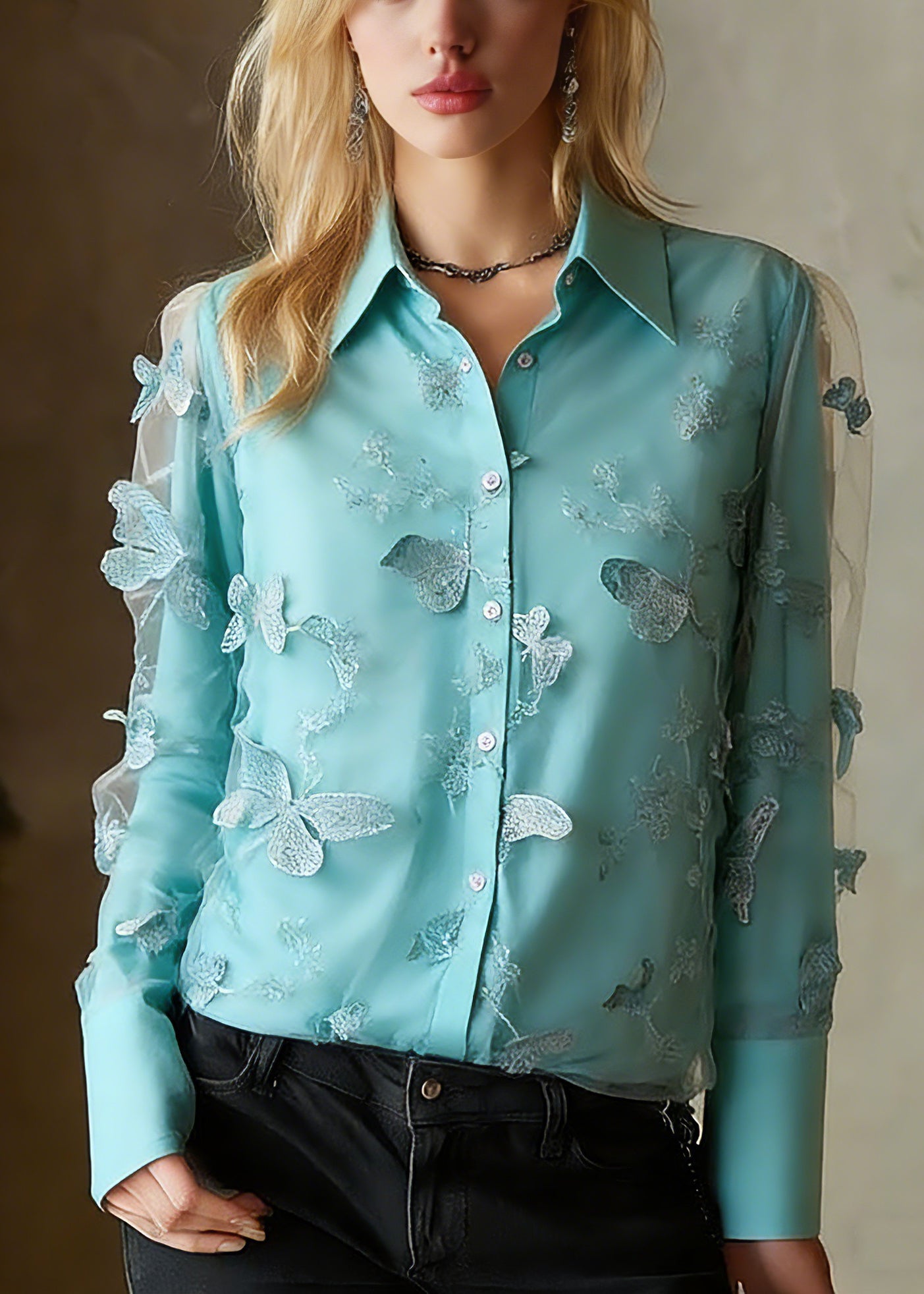 Chic Blue Peter Pan Collar Butterfly Tulle Shirts Spring - Omychic