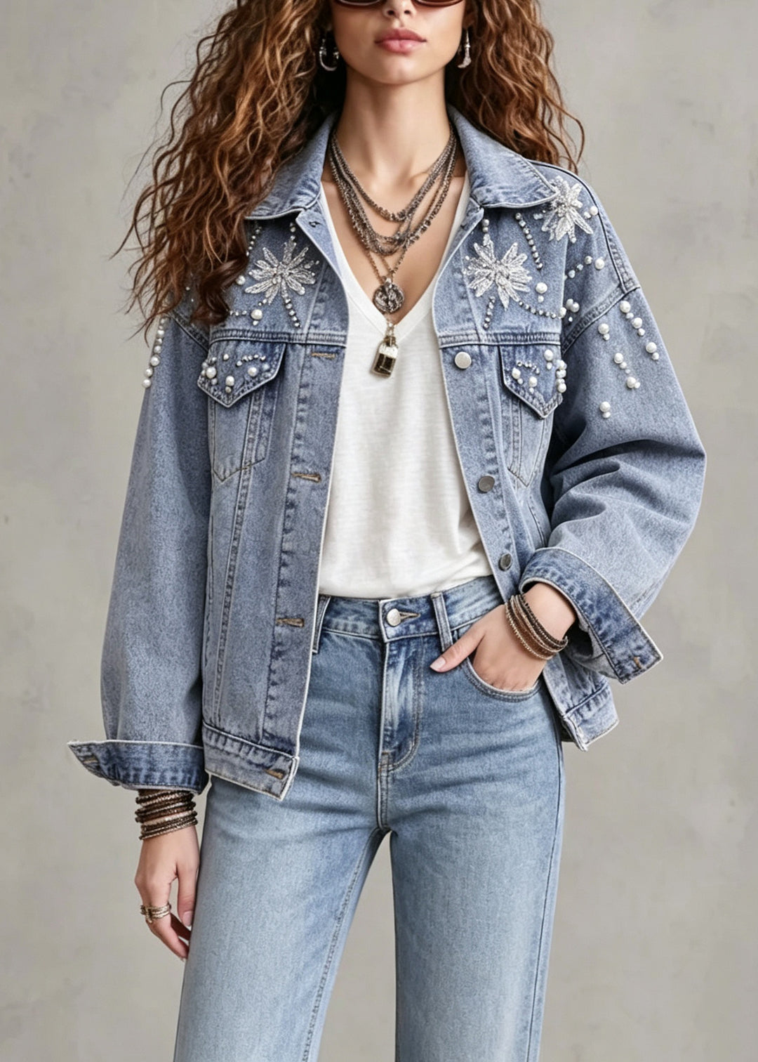 Chic Blue Peter Pan Collar Nail Bead Patchwork Denim Coats Fall