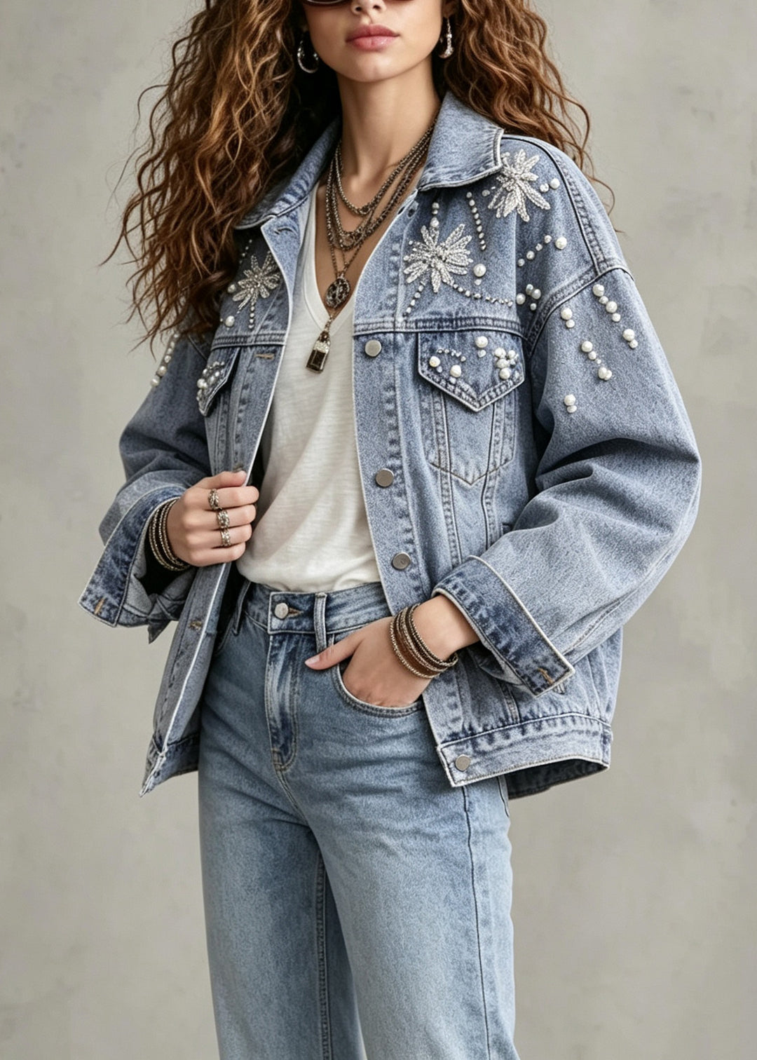 Chic Blue Peter Pan Collar Nail Bead Patchwork Denim Coats Fall