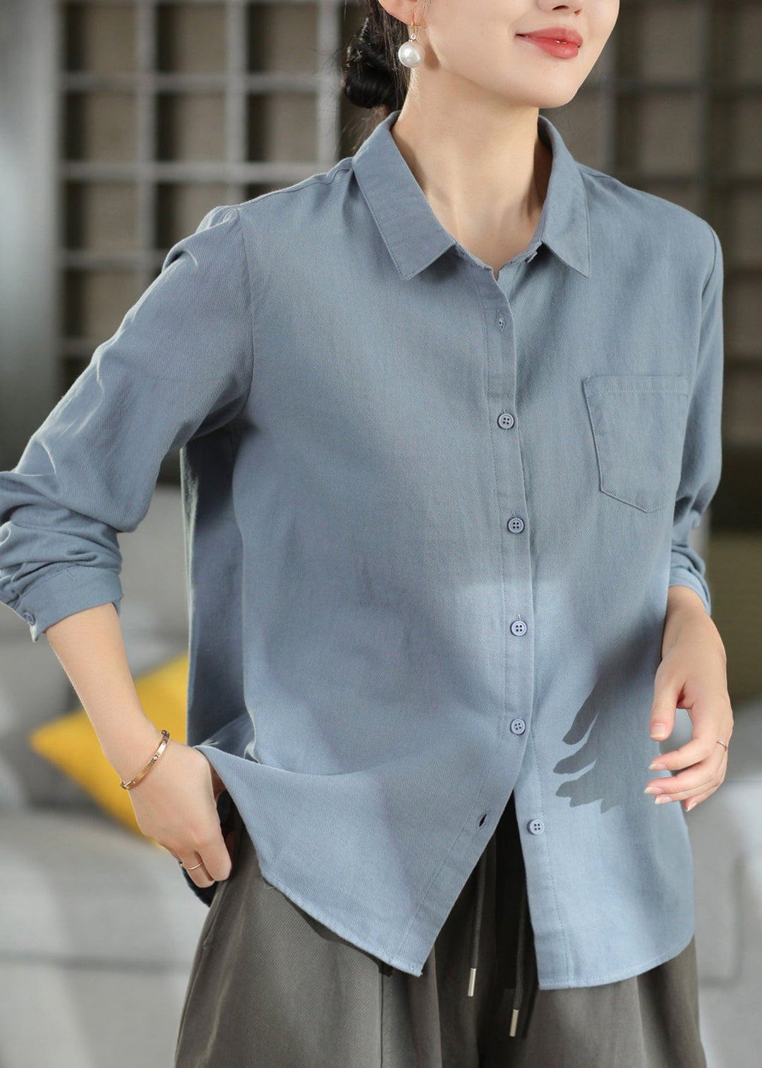 Chic Blue Peter Pan Collar Patchwork Cotton Shirt Top Fall