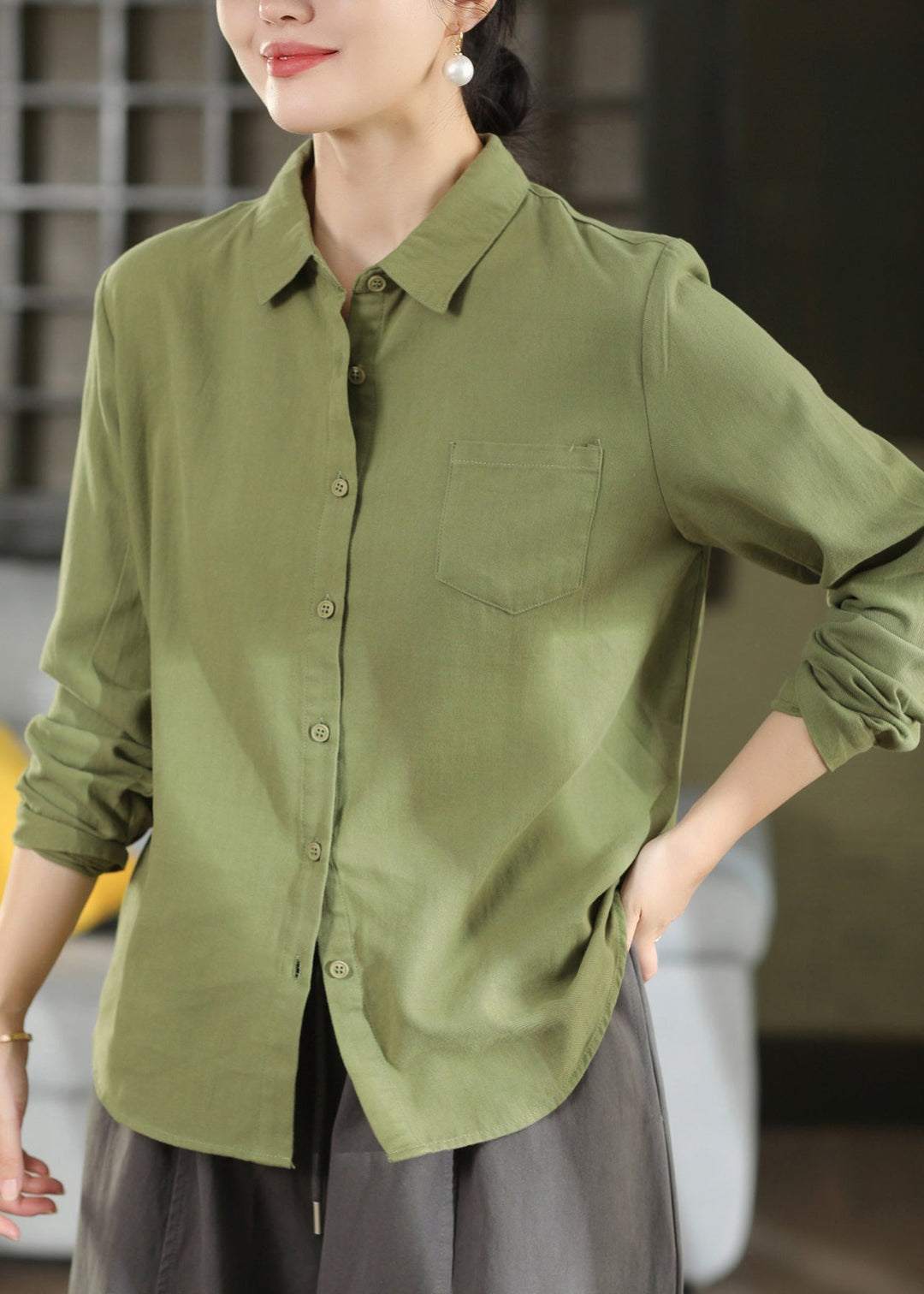 Chic Blue Peter Pan Collar Patchwork Cotton Shirt Top Fall