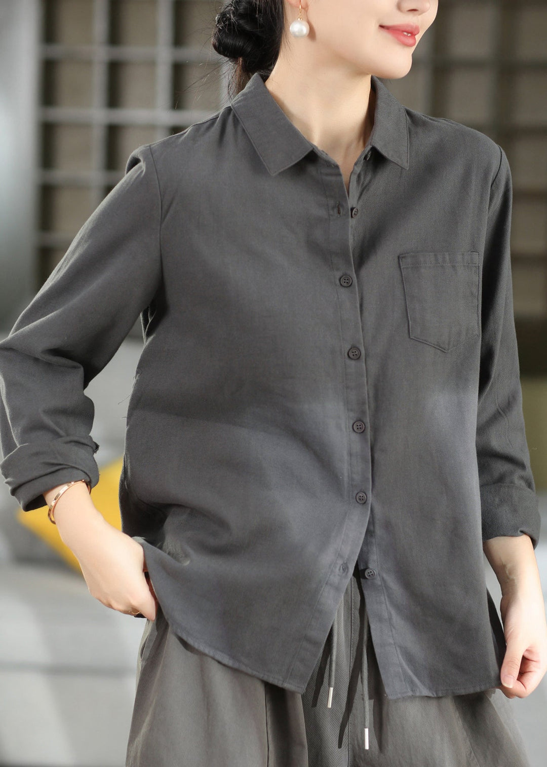 Chic Blue Peter Pan Collar Patchwork Cotton Shirt Top Fall