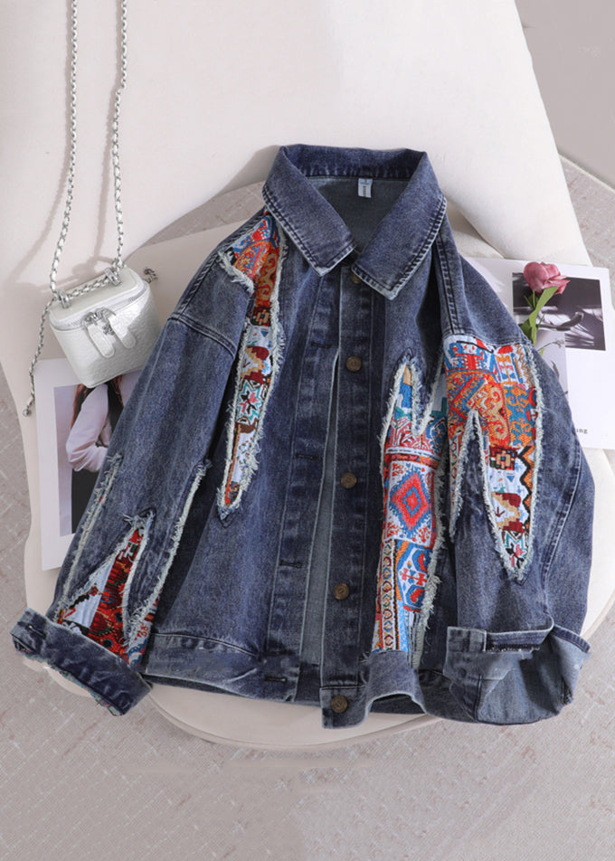 Chic Blue Peter Pan Collar Patchwork Denim Coat Fall