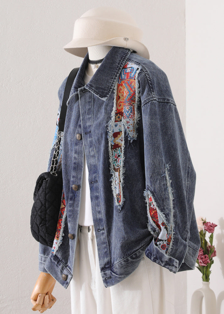 Chic Blue Peter Pan Collar Patchwork Denim Coat Fall
