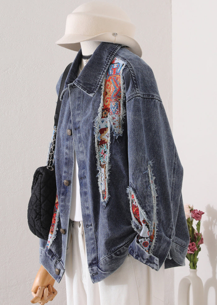Chic Blue Peter Pan Collar Patchwork Denim Coat Fall