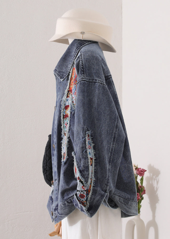 Chic Blue Peter Pan Collar Patchwork Denim Coat Fall