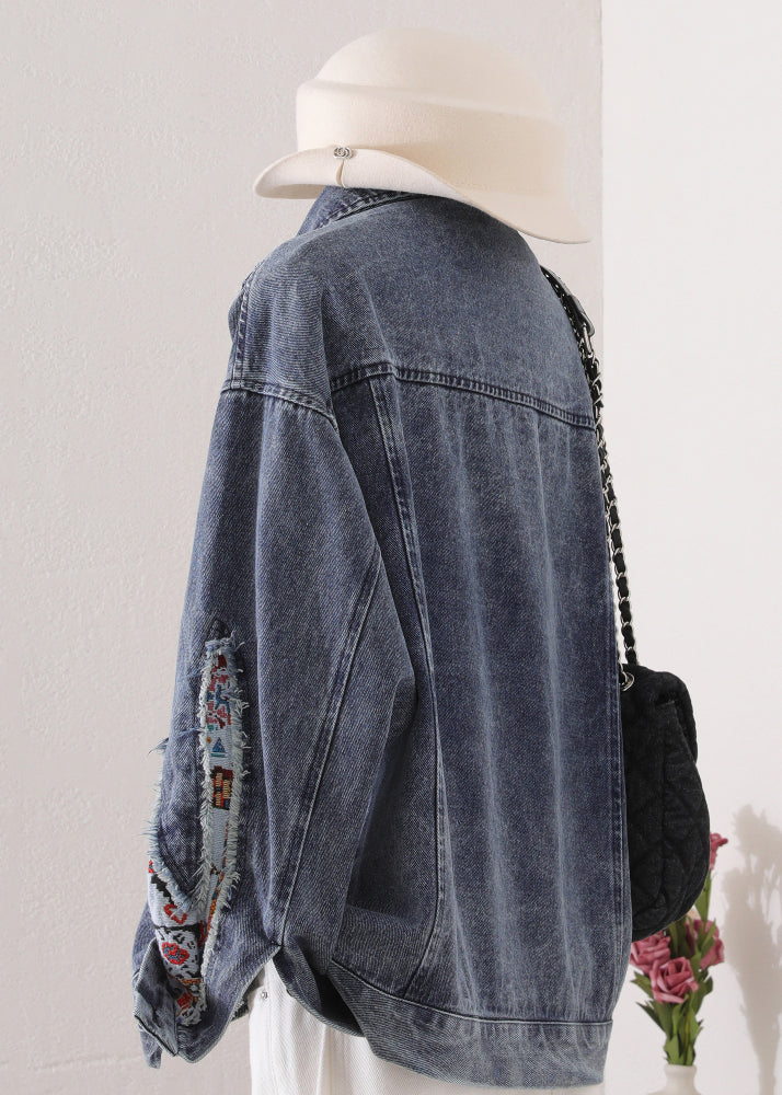 Chic Blue Peter Pan Collar Patchwork Denim Coat Fall