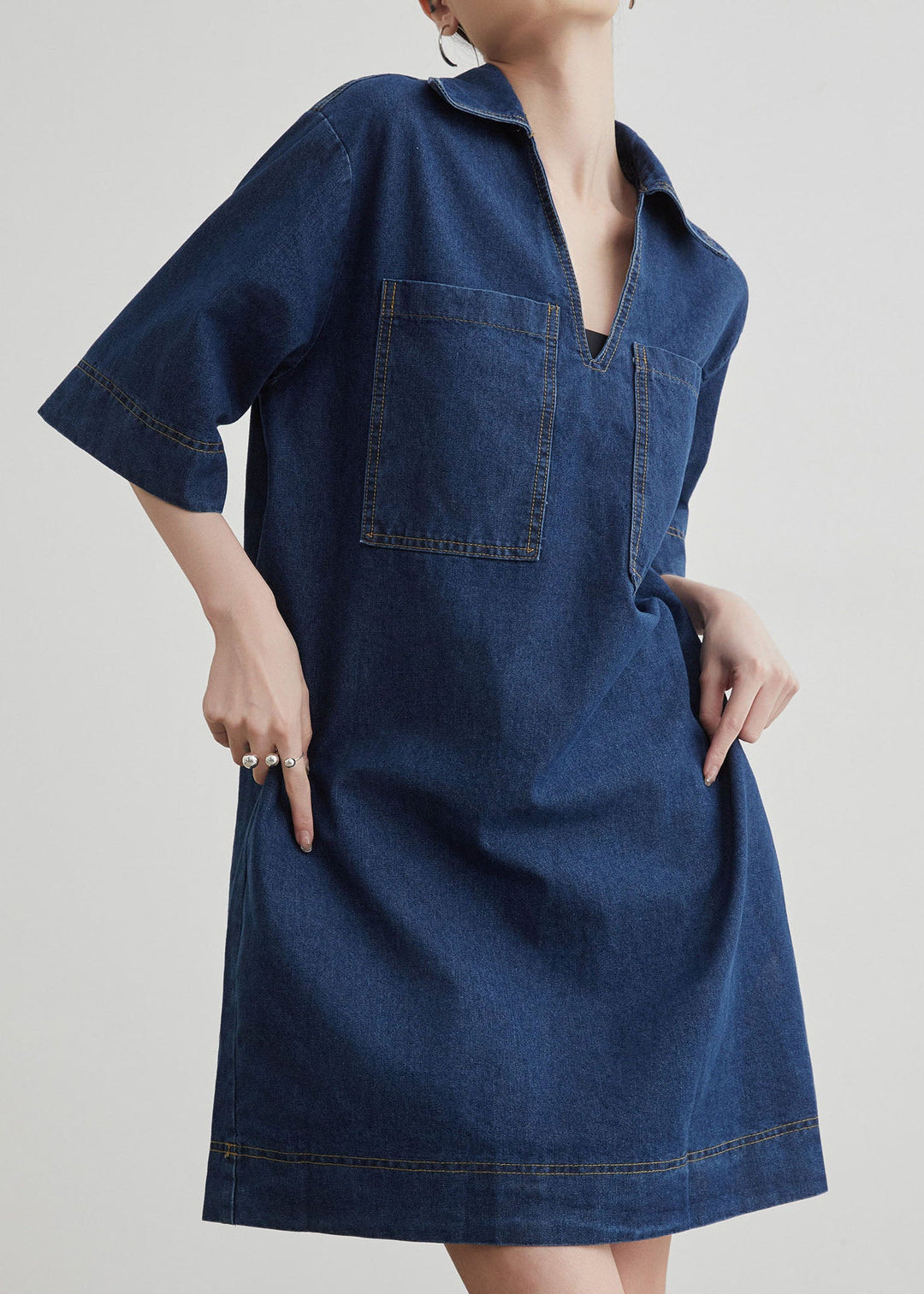Chic Blue Peter Pan Collar Pockets Denim T Shirt Dresses Summer