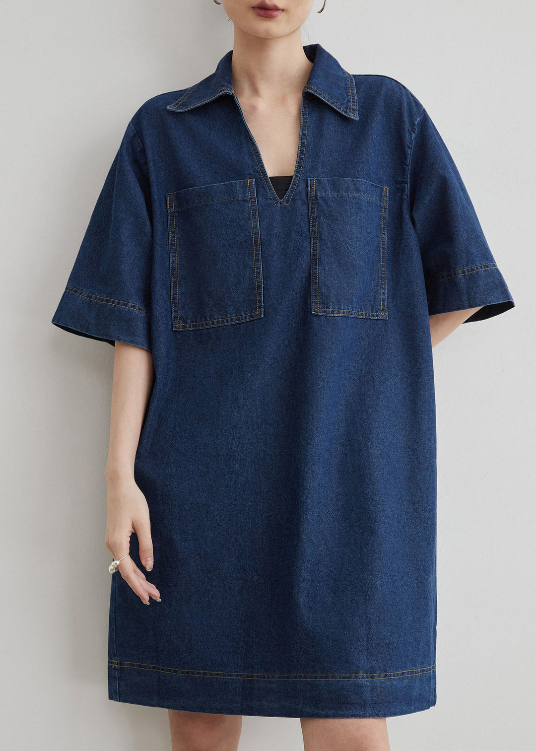 Chic Blue Peter Pan Collar Pockets Denim T Shirt Dresses Summer