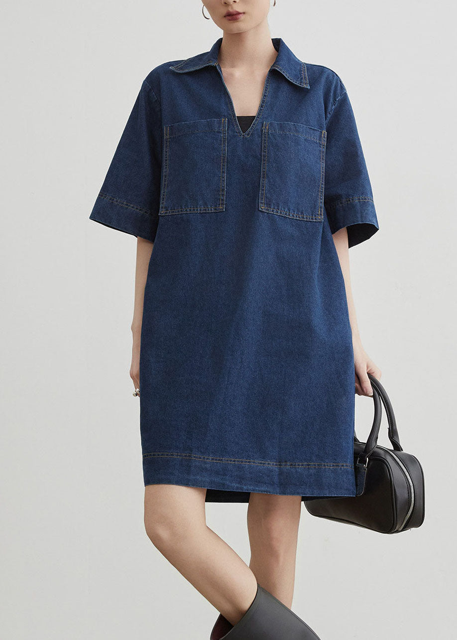 Chic Blue Peter Pan Collar Pockets Denim T Shirt Dresses Summer
