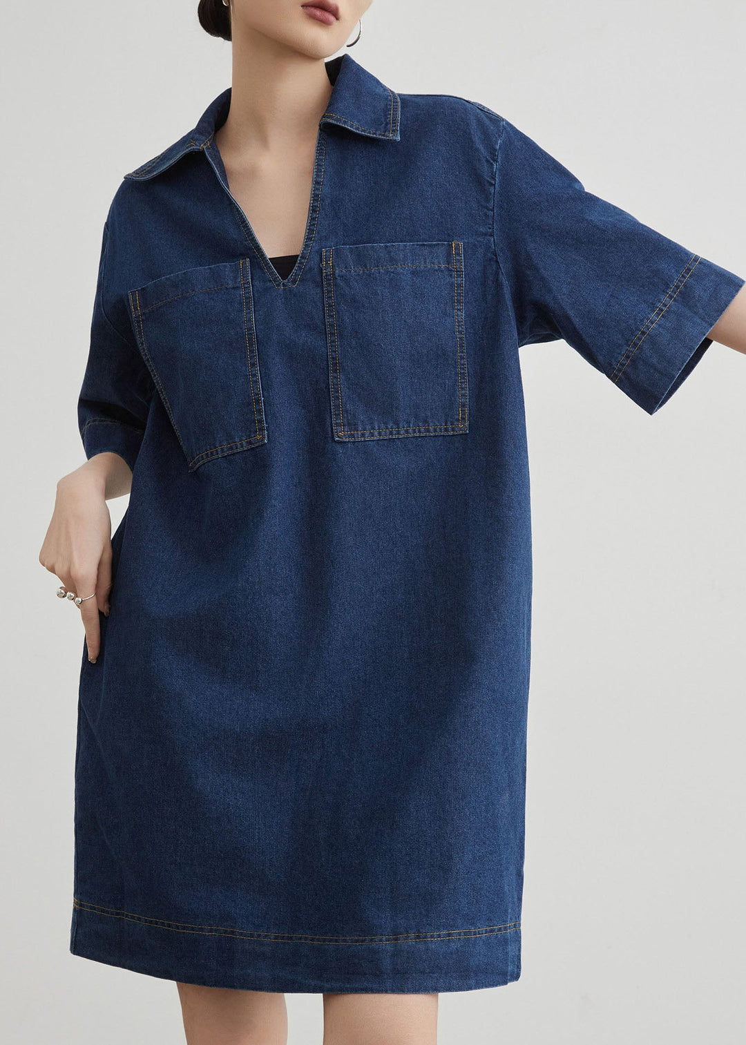 Chic Blue Peter Pan Collar Pockets Denim T Shirt Dresses Summer