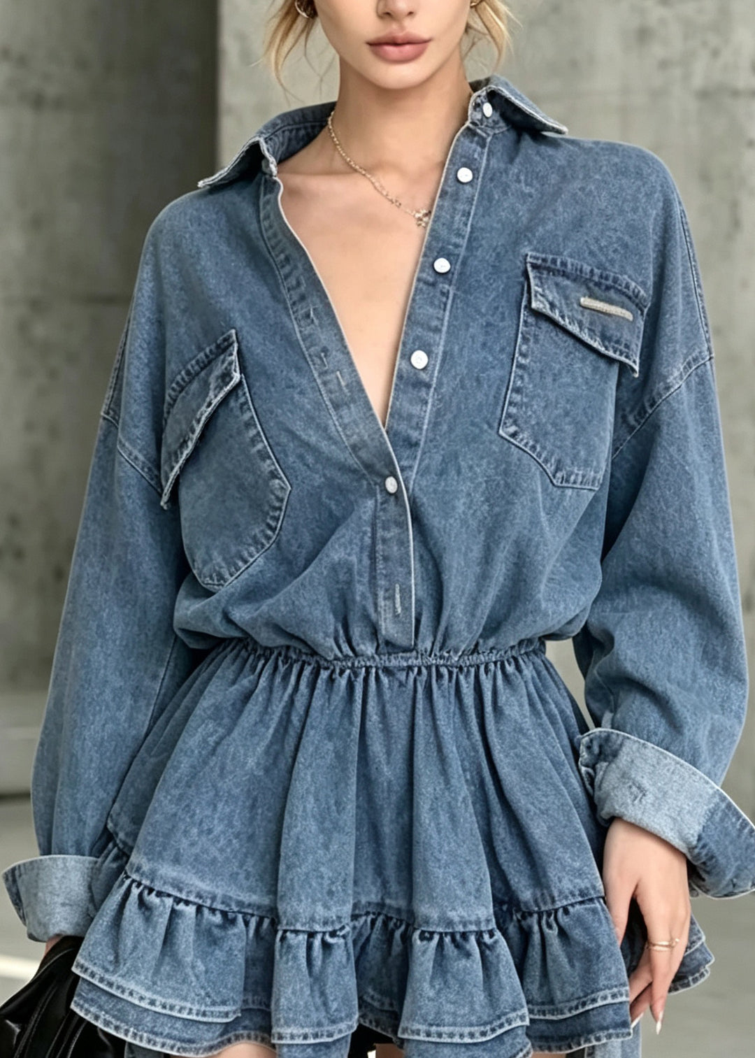 Chic Blue Peter Pan Collar Ruffled Patchwork Denim Dress Fall