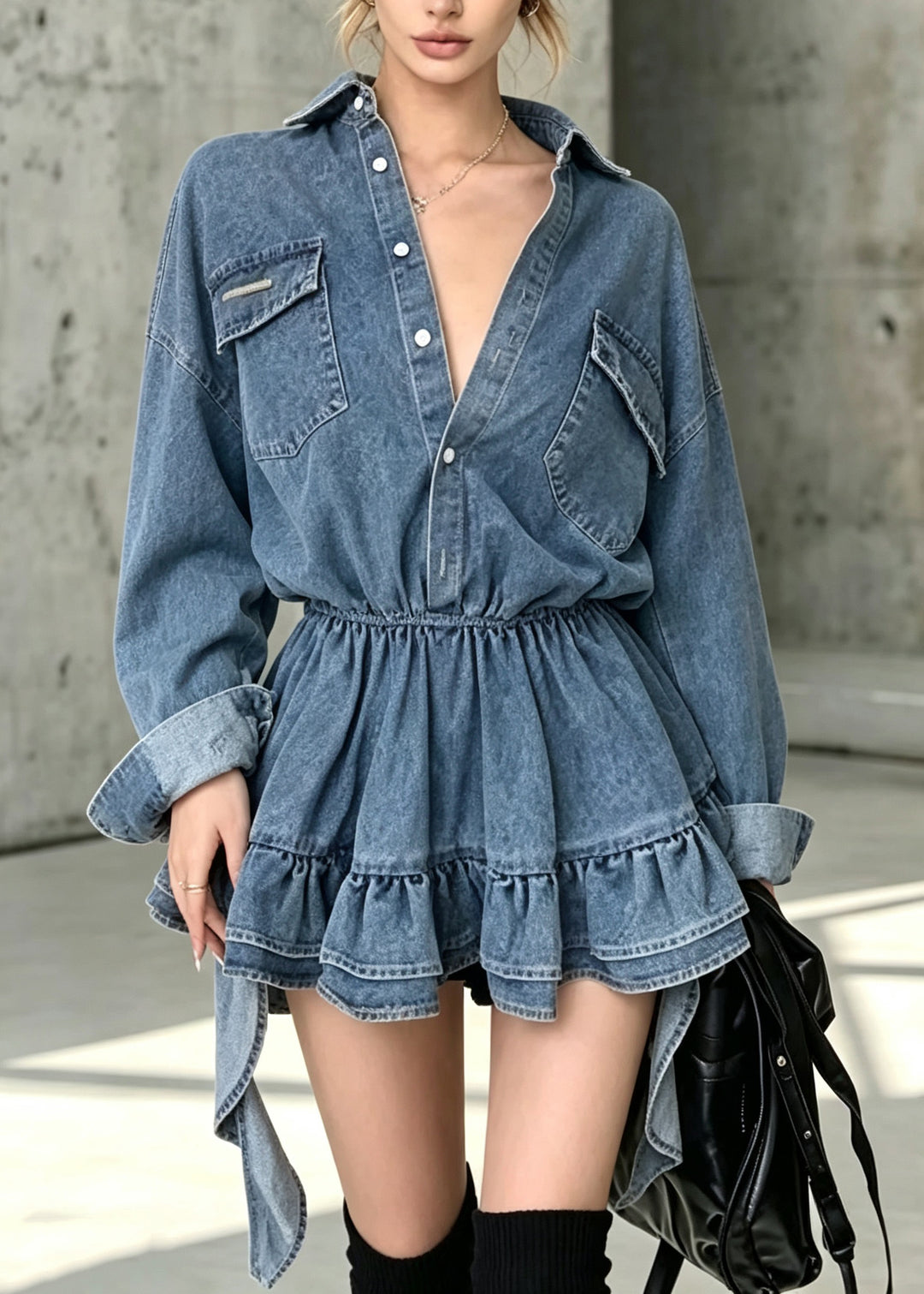 Chic Blue Peter Pan Collar Ruffled Patchwork Denim Dress Fall